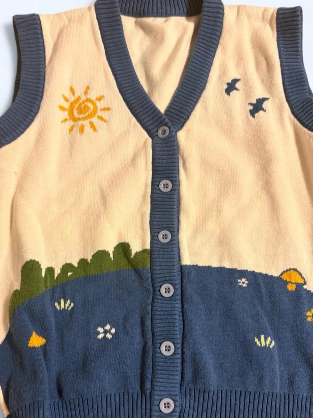 Children’s Whimsical Knit Button-Up Vest in Cream & Blue